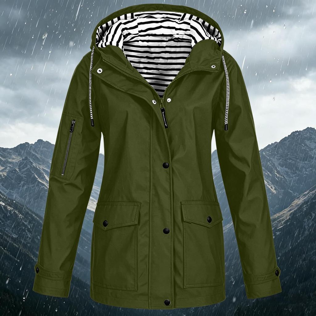Women's Fashion Solid Color Hooded Loose Casual Waterproof Outdoor Jacket Lightweight Windbreaker Raincoat for Hiking Camping