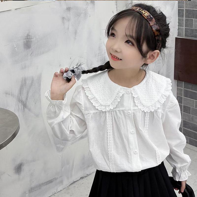 2024 Spring/Autumn Girls' White Cotton Shirt, Turn-Down Collar, Fashionable Student Top