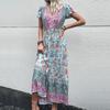 Summer Midi Length Skirt European And American V-Neck Ethnic Style Print Slit Dress