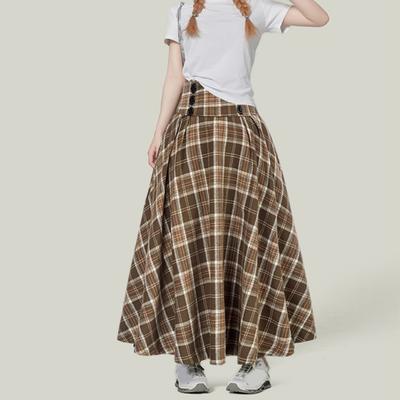 Kadın Midi Etek Ekose Baskılı Yüksek Bel A-Çizgi Etek Geniş Etek Ucu Tasarımı Zayıflatıcı Etki Sonbahar Kış Eteği