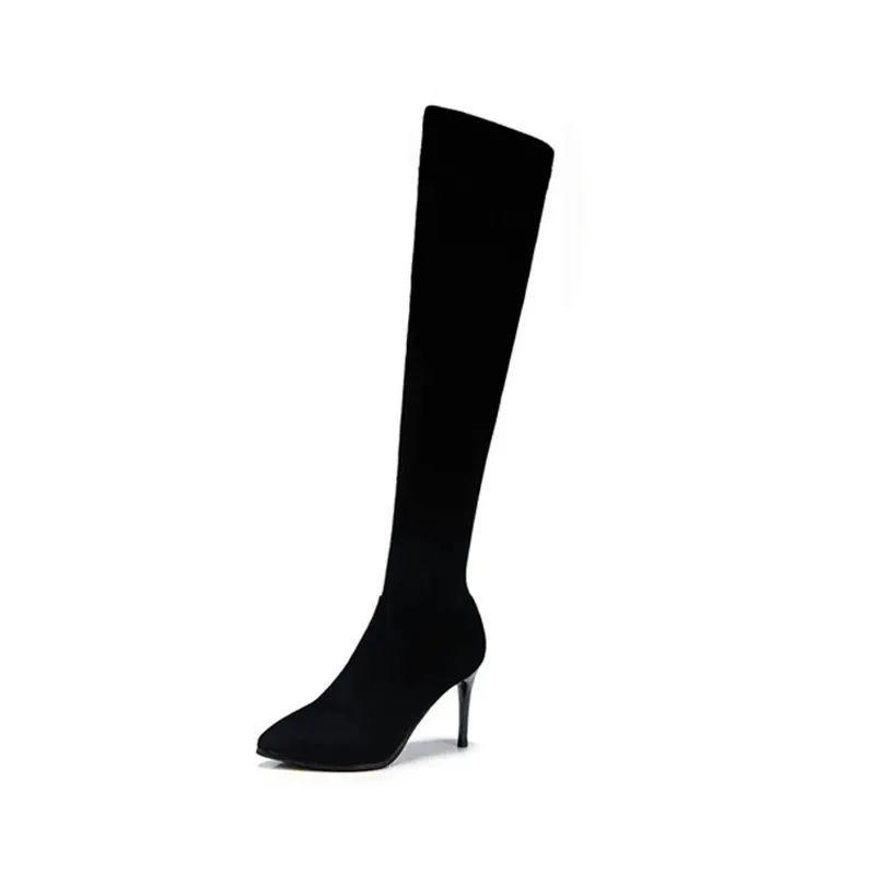 Women's Black Stiletto Over-the-Knee Boots with Velvet, 2025 Autumn/Winter Korean Style