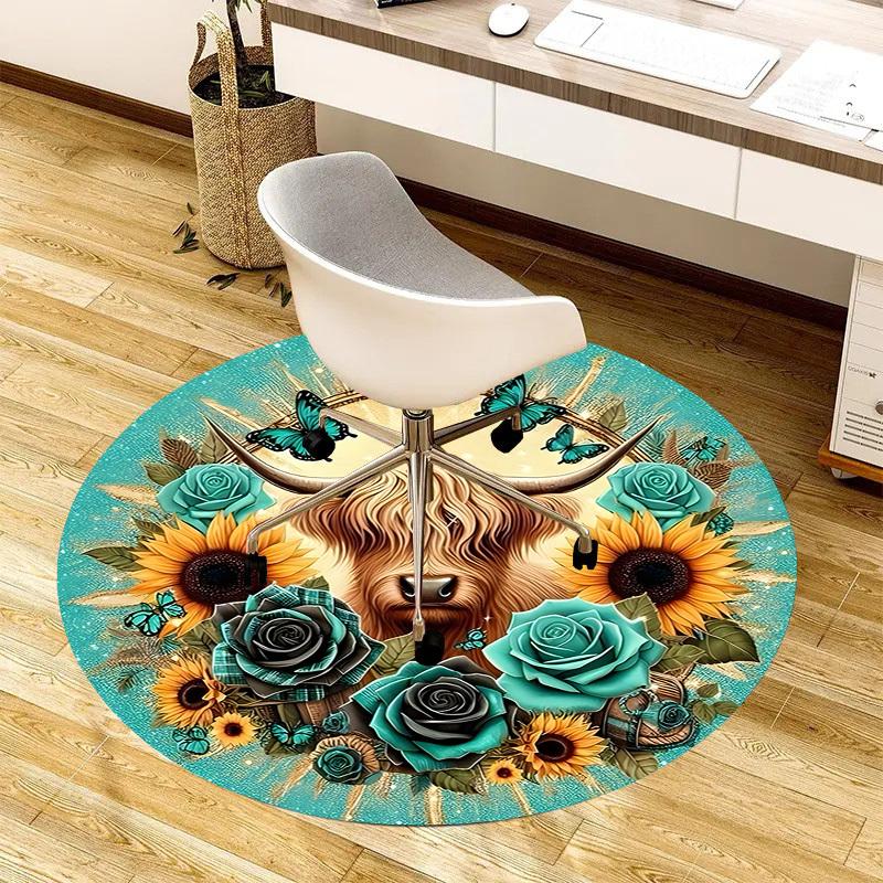 1pc Office Carpet Chair Mats Highland Cow Floral Mandala Perfect for Decorating Office Chairss, Or Bedrooms.YDT399