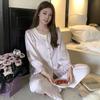 2025 High-End Eis Seide Pyjama Set für Damen: Rundhalsausschnitt, Spitze, Langarm & Hose, Vielseitig für Zuhause oder Draußen