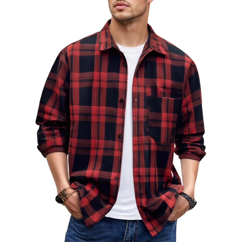 Pánská jarní kostkovaná módní volná košile s dlouhým rukávem, spuštěnými rameny, velká velikost, stojáček