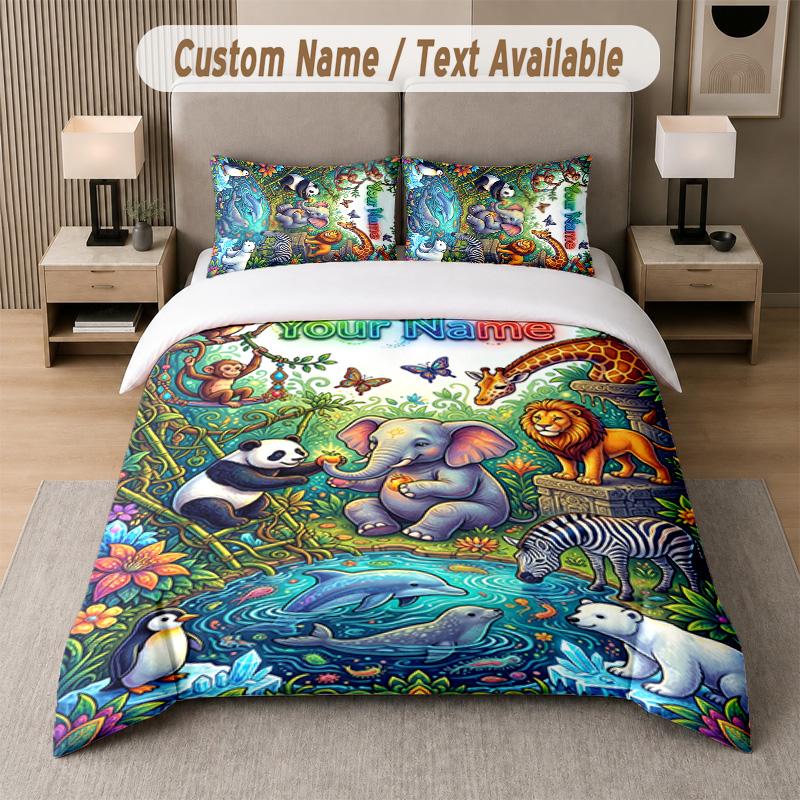 Wildlife Animals Theme Custom Text Or Name 3Pcs Bedding Set 1 Flat Sheet & 2 Pillowcases Personalized Home Bedding