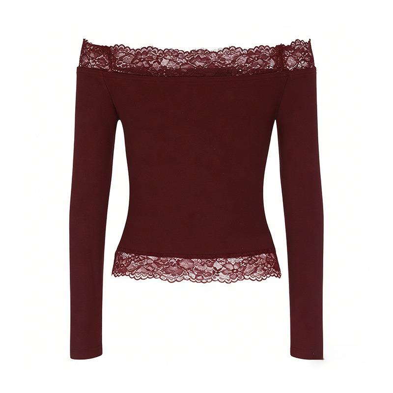 Spitze Off-Shoulder Langarm Tailliert Unifarben Sexy Damen Freizeit Oberteil
