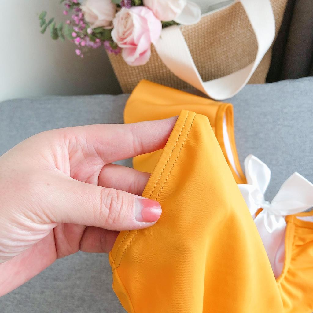 New Korean Style Girls' One-Piece Swimsuit with Ruffled Edges & Bow - Solid Color for Small to Medium Kids