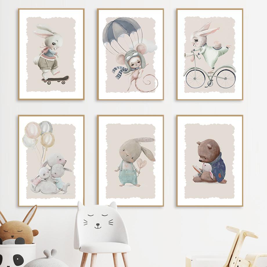 

Кролик Медведь воздушный шар велосипед настенная живопись плакаты на скандинавскую тему и принты настенные панно для детской комнаты