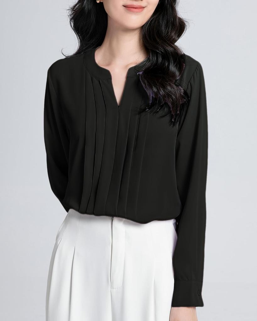 SPRING SEAON Long Sleeve Chiffon Blouse with Tucked Loose Plus Sizes Suitable for Size 2L Women's V-Neck Detail, Fit, Available, Suits, Office,