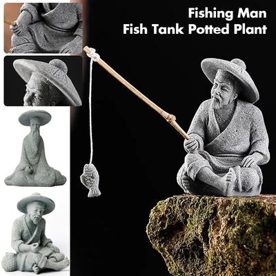 1 st Zittende Oude Man Aquarium Ornament Visser Beeldje Huis Tuin Tafel Decoratie ini Visser Standbeeld Aziatische Zen Decoratie