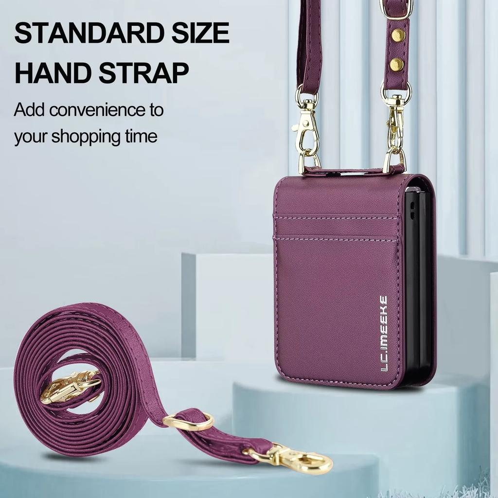 Crossbody Cards Solt Wallet Leather Case For Samsung Galaxy Z Flip 7 FE 6 5 4 3 5G Flip6 Flip7 Hand Strap Lanyard Pocket Cover
