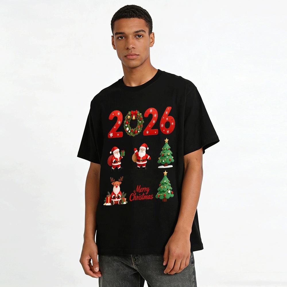 2026 Christmas Print Top Santa Reindeer Xmas Tree Family Shirt Pure Cotton T-shirt