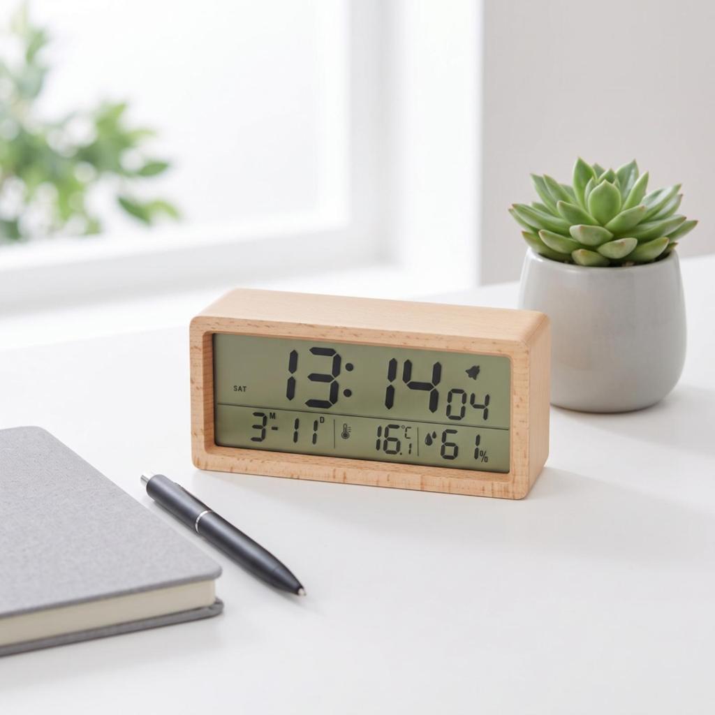 Digital Alarm Clock Easy to Read Wooden Compact for Nightstand