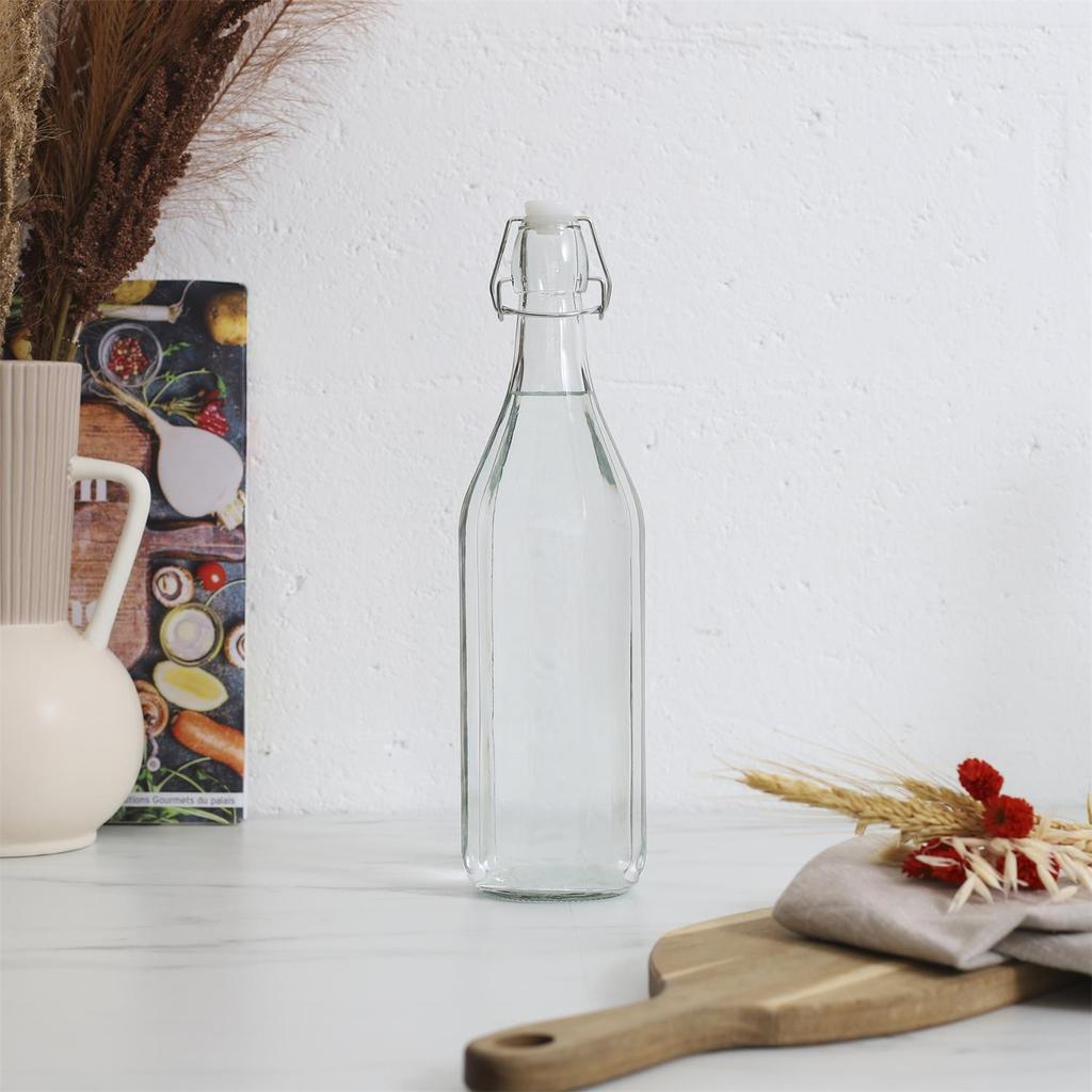 1L Glass Bottle, Smooth Design, With Clip-On Cap