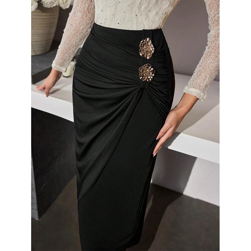 Falda Larga Fluida de Color Sólido con Fruncidos de Moda para Mujer