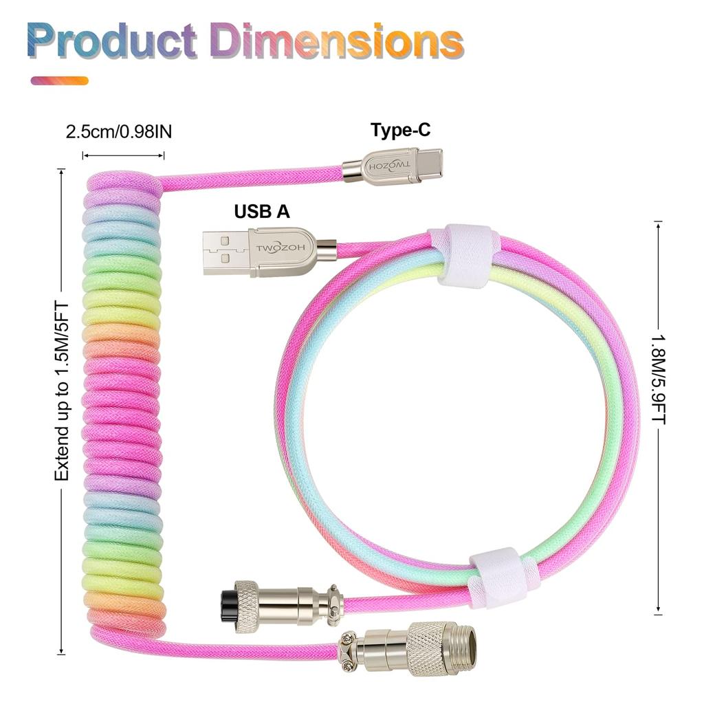 Twozoh USB C Gaming Keyboard Coiled Cable, Double Sleeved Mechanical Detachable Metal Aviator Keyboard Cable (Blue) - Invoice Available