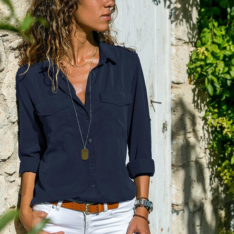 Womens Fashion V Neck Shirts Long Sleeve Tops Pockets Design Blusas Turn Down Collar Shirts Solid Colors Femininas