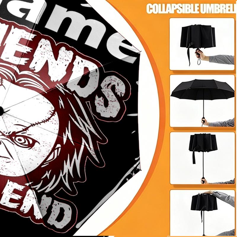 Custom Name Personalized Bride of Chucky Print Umbrella, Auto Open Close, 8‑Rib Sturdy Frame, Commute Camping Hiking Use, Birthday Gift