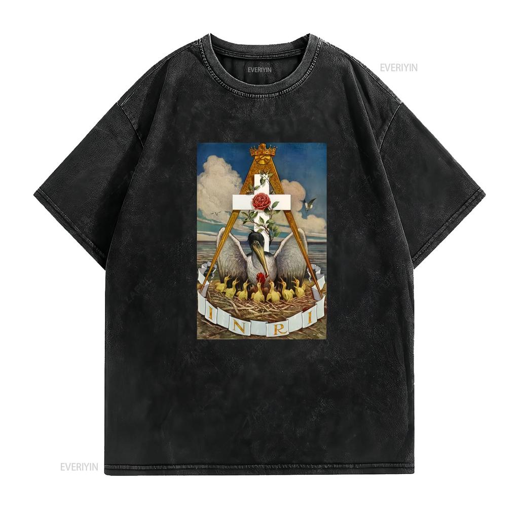 Esoteric shirt INRI The pelican feeding its young Initiation occult symbol Masonic Knight Rose Croix Rosicrucian cross seal tee