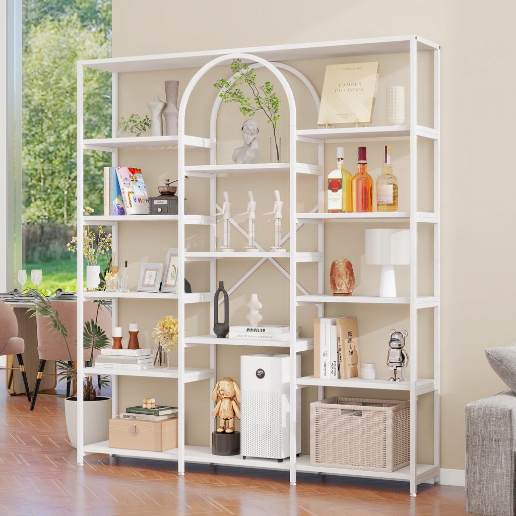 160 x 30 x 180 cm Shelf in Modern, Minimalist Style, Made of Steel Tubes and MDF, Multiple Storage Compartments, Rectangular + Arch Design, White