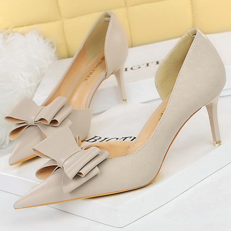 

Plus Size 43 Women Classic pumps high heels bowknot Women Pumps Stiletto 7.5 cm 10 cm Heels Women Basic Pump Party shoes Ladies 34