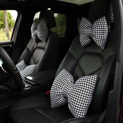 Hahnentritt Schleife Auto Kopfstütze Nackenkissen & Lendenkissen Set - Niedliche Autoinnenraum-Accessoires für Frauen