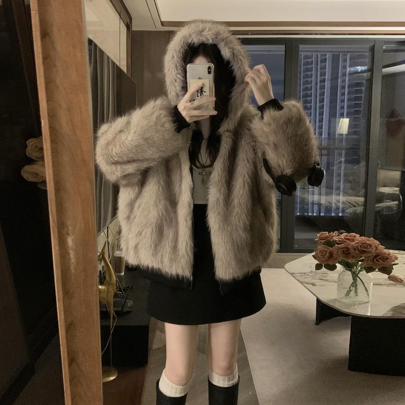 Winter American retro fur collar splicing hooded cotton jacket women's loose casual jacket top tide