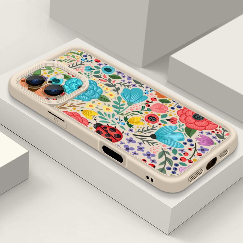 Colorful Flowers Ladybug Pattern Shockproof Phone Case For iPhone 16e 16 15 14 Pro Max 13 12 Pro 11 14 15 16 Plus Silicone Soft Matte Cover Fundas