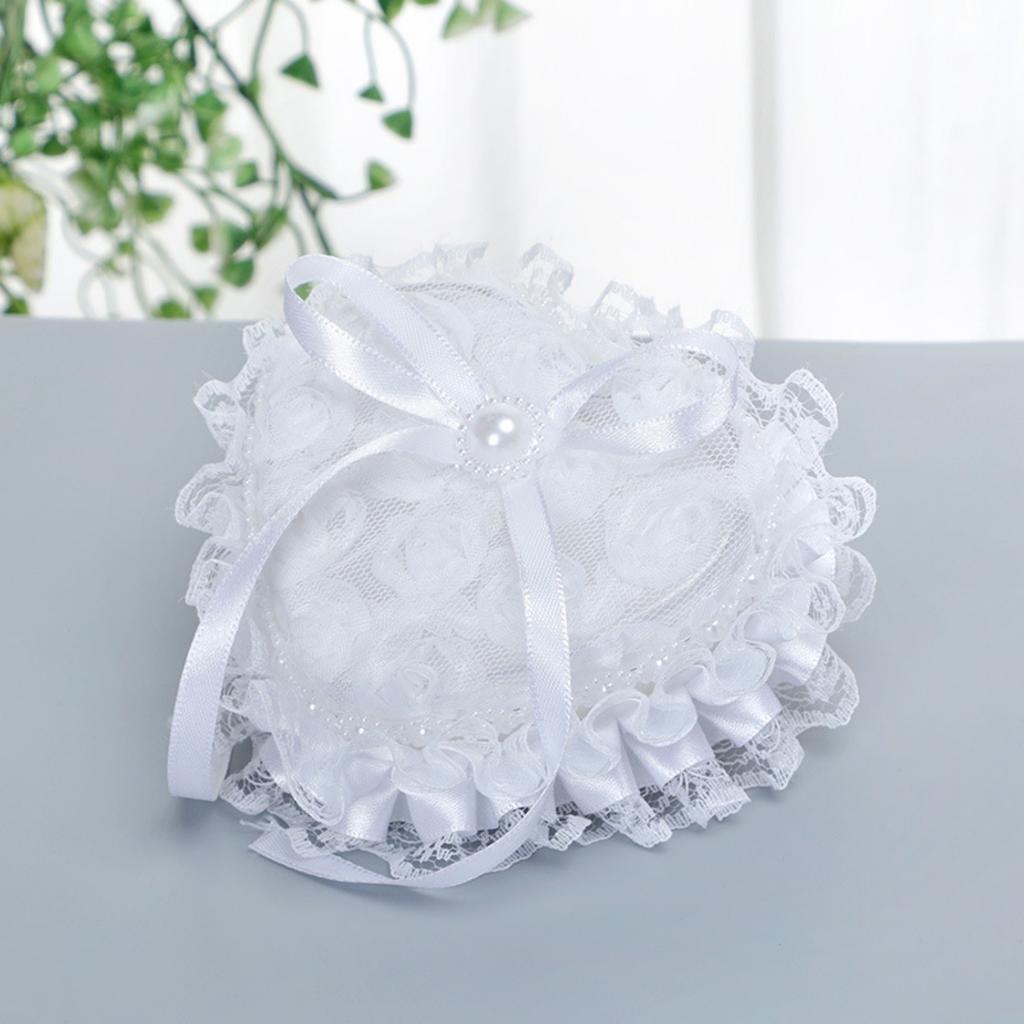 Wedding Ring Pillow Heart Box, White Romantic Lace Pearl Ring Box Holder with Ribbon for Wedding Ceremony Ring Bearer