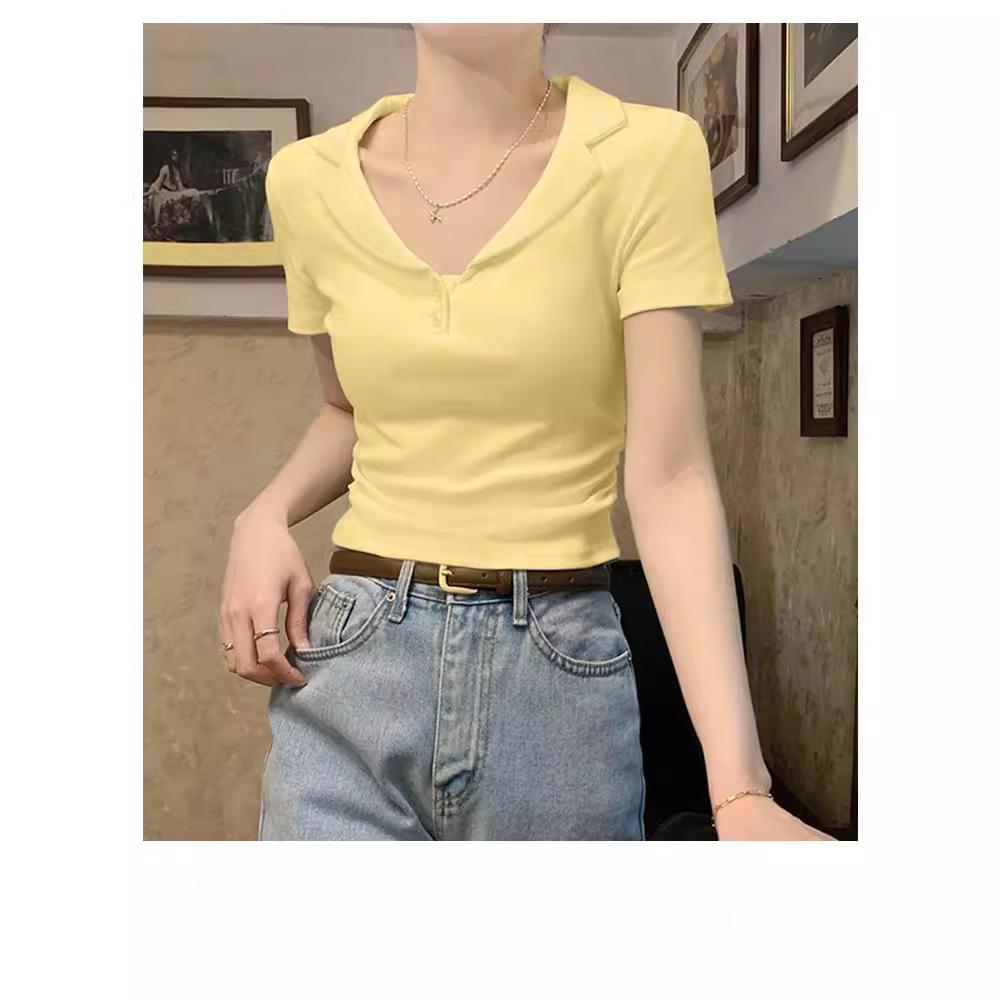 

Женская летняя футболка Niche Waisted Positive Shoulder Slim Thin Lapel Revealing с короткими рукавами XL жёлтый