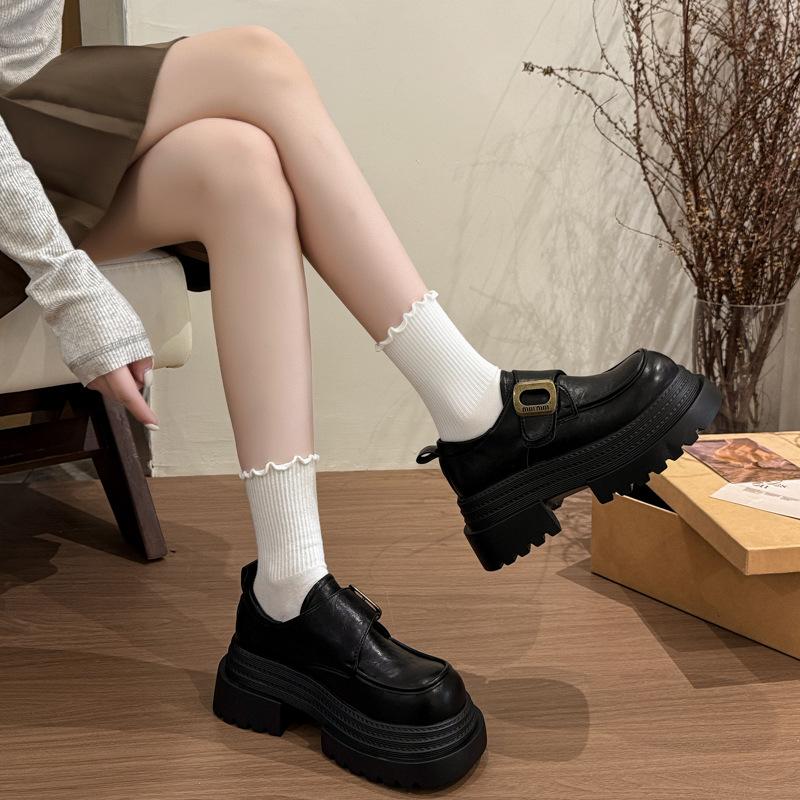 2025 British style super high heel thick sole heightening metal buckle small leather shoes thick sole muffin single shoes spring new women