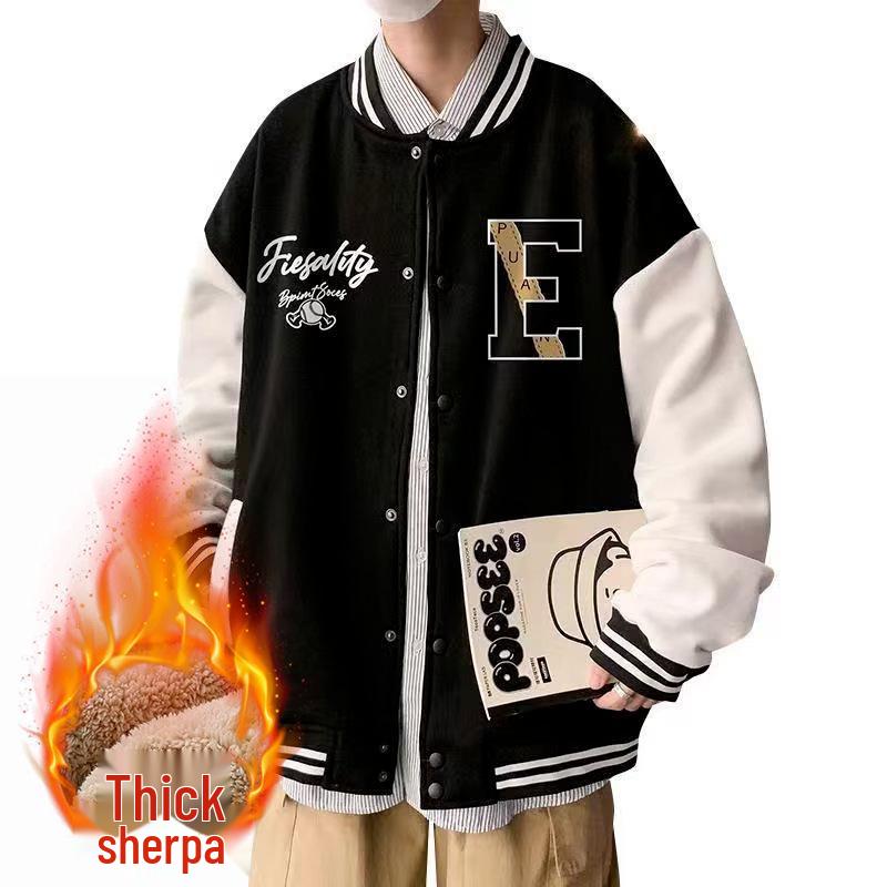 Youth Fleece-Lined Baseball Jacket - Thick College Style for Autumn & Winter Large