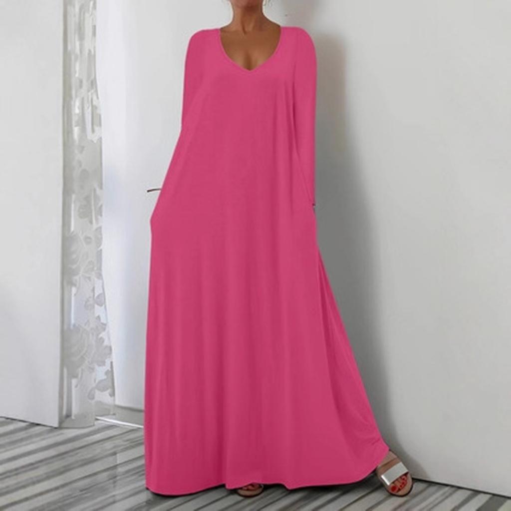 Women's Fashionable Solid Color V Neck Long Sleeved Casual Loose Fitting Pullover Long Dress