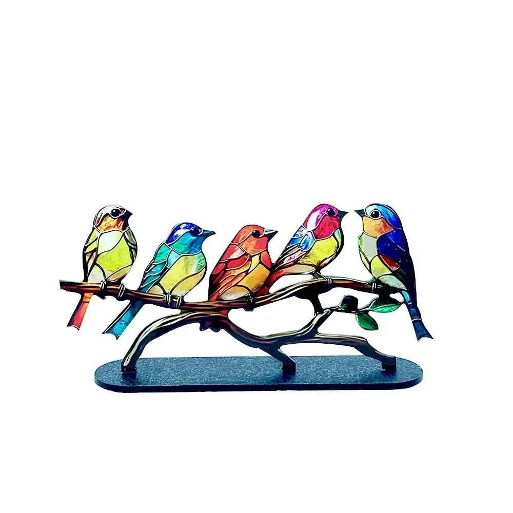 2/3/5 Multicolor Birds Stained 2D Acrylic Birds on Branch Desktop Ornaments Double Sided Multicolor Style Craft Statue Ornaments