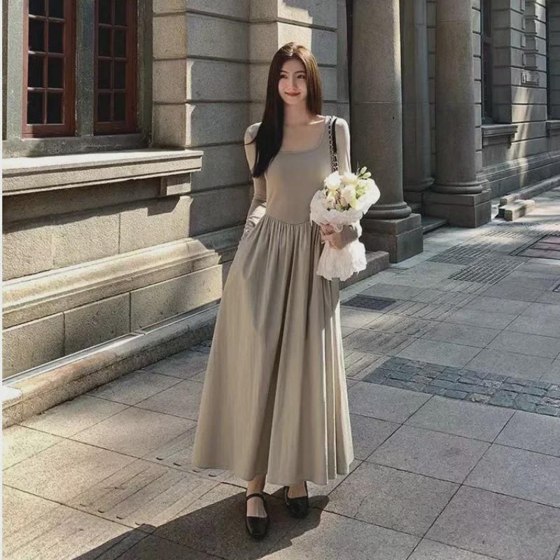 2024 Women's French Square Neck Long Sleeve A-Line Dress - Spring/Autumn Waist-Slimming Maxi