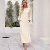 Neues Frühling/Sommer Langarm Unifarben Maxikleid mit Schlitz am Saum, Gerader Schnitt, mit zwei Taschen für Damen
