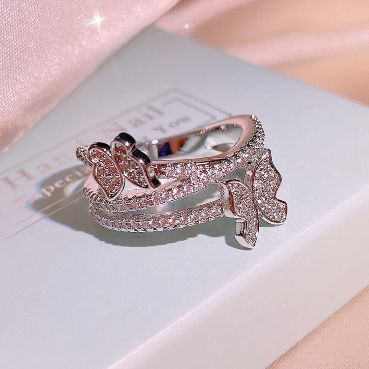 Sweet and Elegant Bow Ring Zircon Ring Feminine Chic Overlapping Index Ring