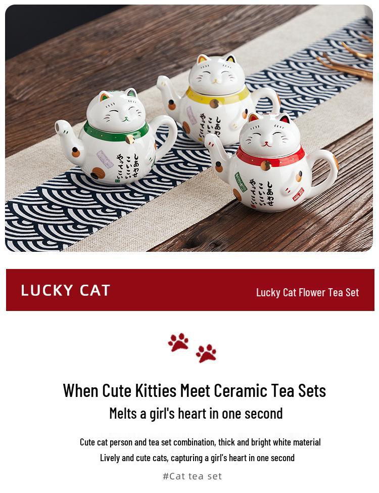 Japanese Lucky Cat Ceramic Teapot Set – One Pot, Two Cups, Filtered Tea Souvenir Gift