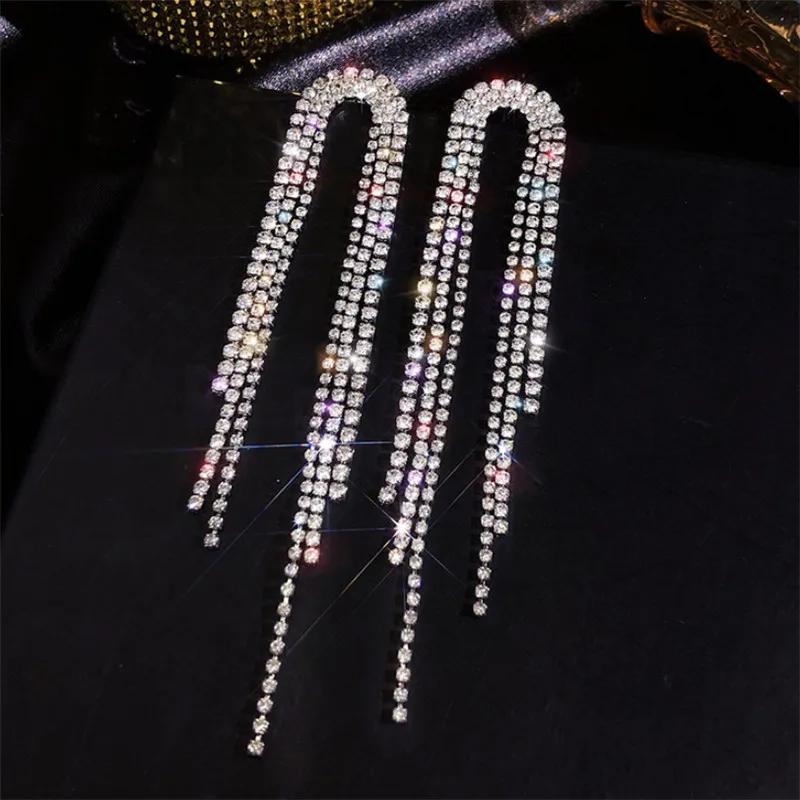 Exquisite Luxury Shiny Crystal Dangle Earrings for Women Long Tassel Full Rhinestone Statement Earring Korean Fashion Jewelry