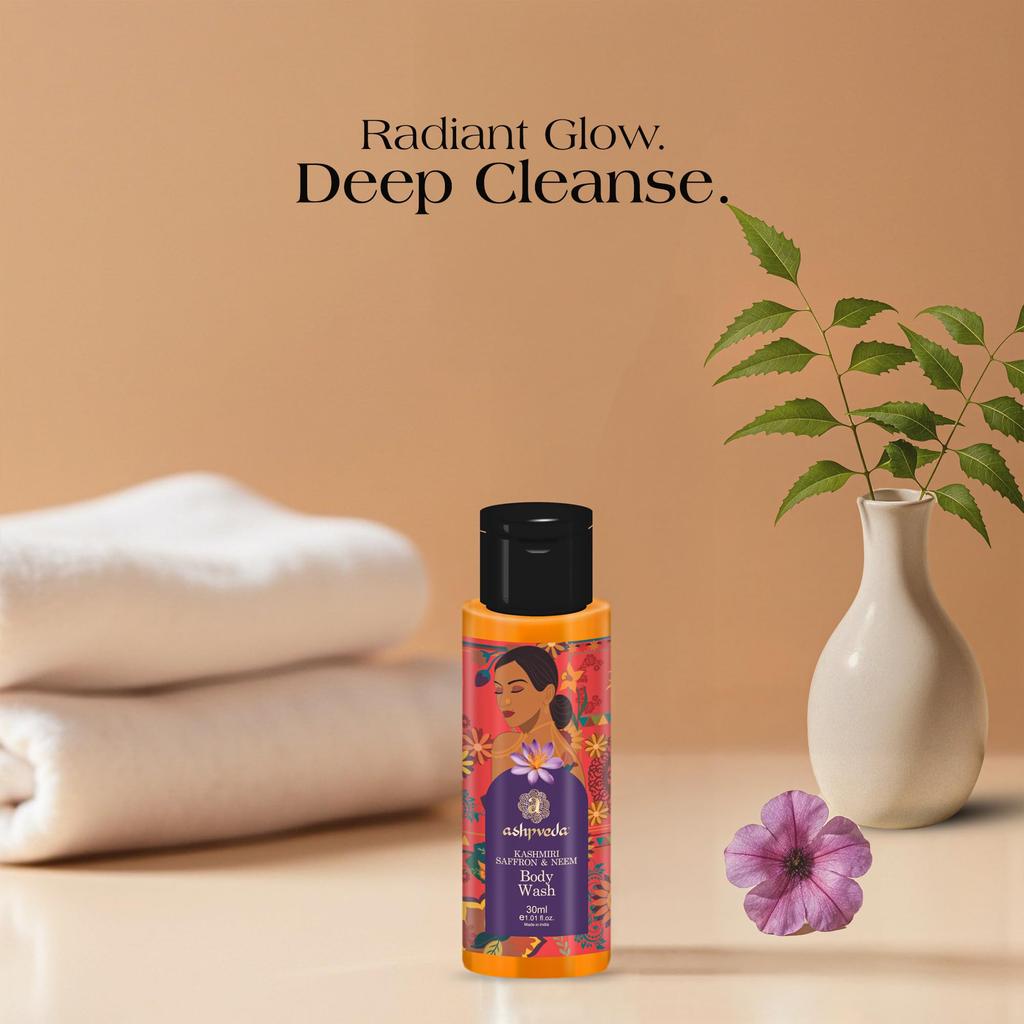 Ashpveda Kashmiri Saffron & Neem Ayurvedic Body Wash | Brightening & Even Skin Tone, Deep Cleansing & Soothing | Herbal & Natural Shower Gel (30 Ml)