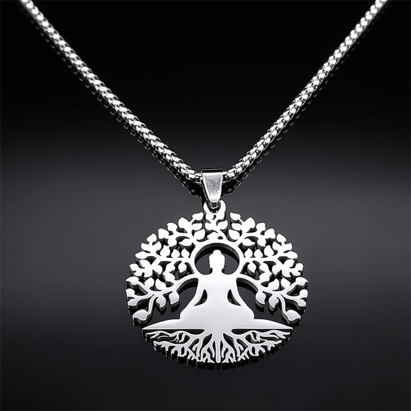 Buddhism Meditation Buddha Yoga Pendant Necklace Stainless Steel Tree of Life Necklace Buddhist Jewelry collares para mujer