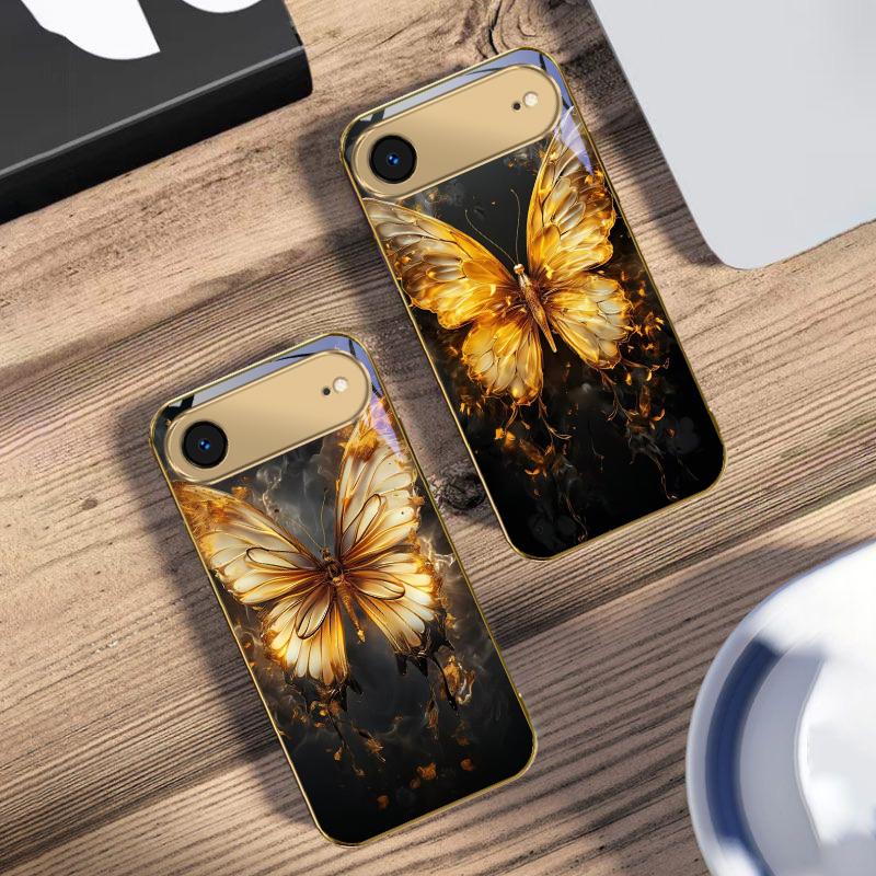 Flame Warm Butterfly For IPhone 17Pro Max 16 17 Pro 15 Pro 14 13 Plus 12 Mini 11Pro Max XR 16E 17Air Golden glass phone case