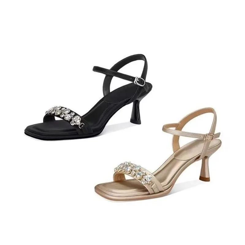 Fashion Temperament French Women 2025 High Heels Fairy Summer New One-word Rhinestone Square Toe Sandals