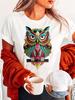 Camiseta Con Estampado De Búho Para mujerTop Informal De Manga Corta Con Estampado De Plumas Coloridas, Cuello Redondo