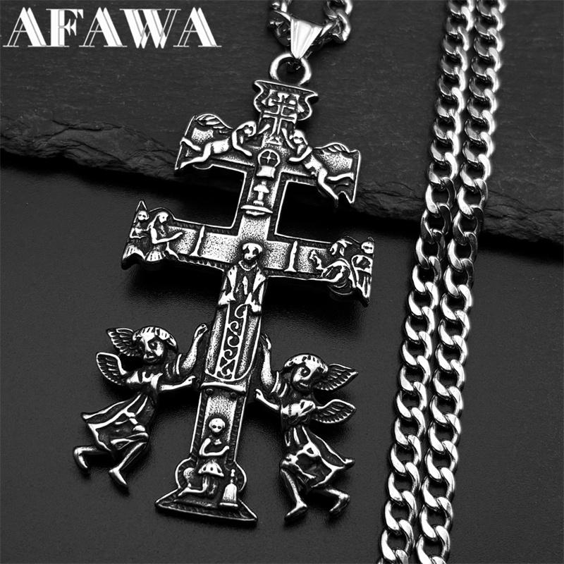Collana Croce di Caravaca INRI Cattolica Crocifisso di Gesù Cherubino Angelo per Donne Uomini Acciaio Inossidabile Gioielli Ortodossi Russia Regalo