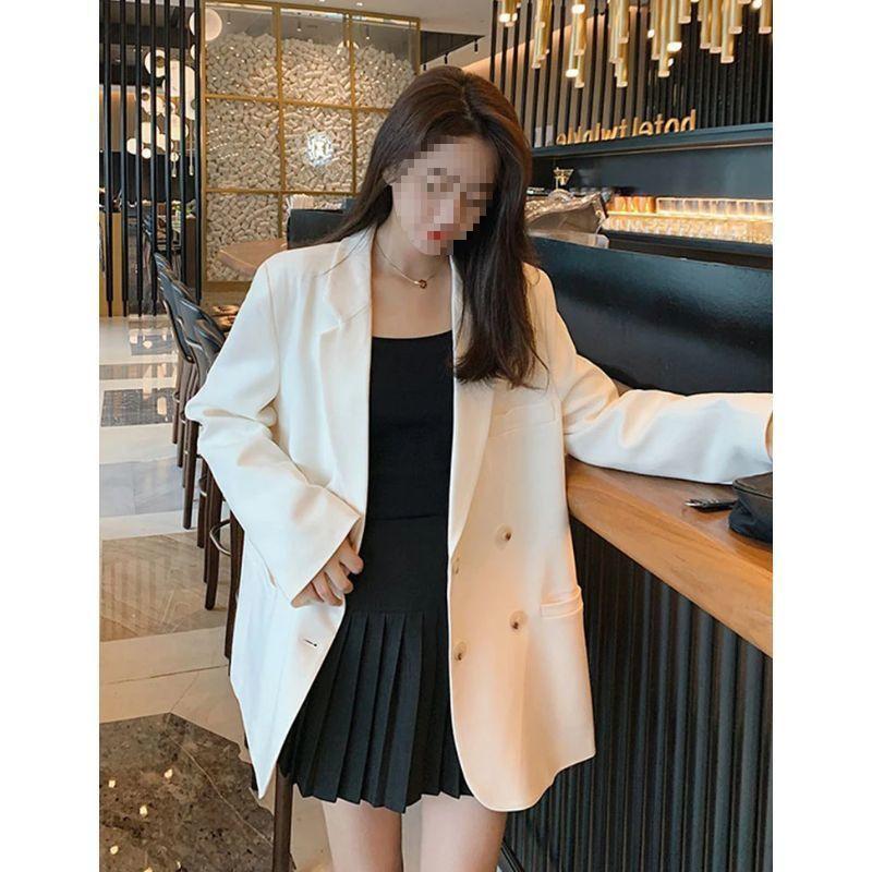 Beige Double-Breasted Loose Fit Blazer for Women - Korean Style Spring/Autumn
