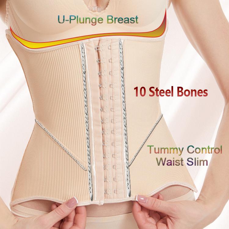 Luxurious Hourglass Waist Cincher: Abdominal Binder with Breast Support, 10 Steel Bones, 4 Rows, 13 Hooks for Postpartum Body Shaping.