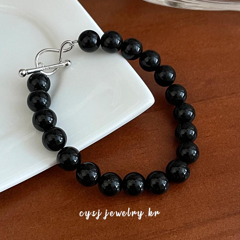 Cui Yan S925 Sterling Silver White Crystal & Black Agate Beaded Bracelet for Women with OT Clasp Design S925 Silver