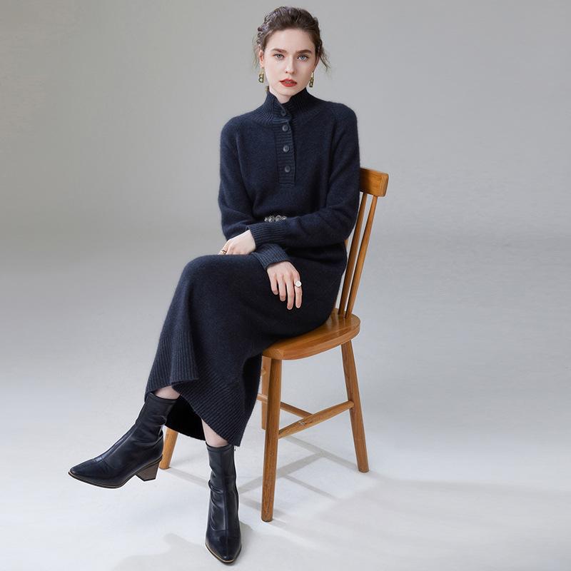 Women's High-Neck Cashmere Knit Dress - Button-Up, Knee-Length, Thick for Autumn/Winter