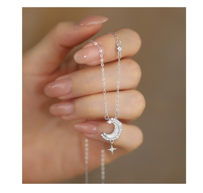 Sterling Silver S925 Star & Moon Necklace with Micro-Paved Stones and White Shell Pendant - Luxurious Valentine's Day Gift